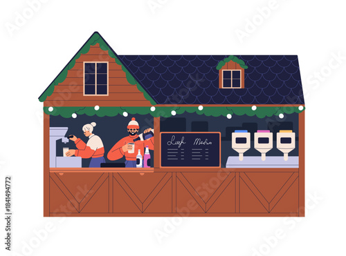 Christmas stall, winter holiday outdoor cafe with takeaway hot drinks. Vendors at festive seasonal fair. Wooden booth with beverages, coffee. Flat vector illustration isolated on white background.