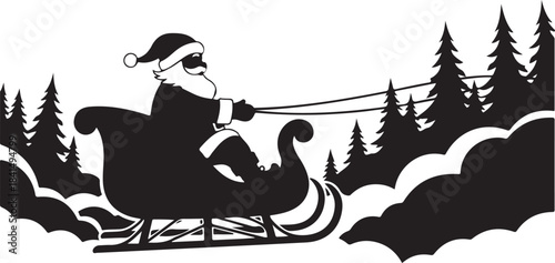 Santa Claus riding sleigh with reindeer in snowy forest landscape black and white Christmas
