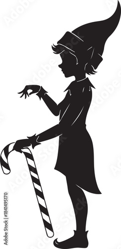 Silhouette of a person in a pointed hat holding a striped candy cane