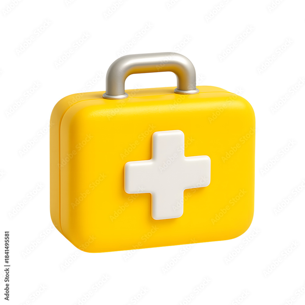 Obraz premium A bright yellow 3d first aid kit icon with a prominent white cross and silver handle