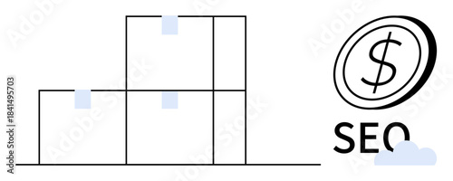 Digital marketing, SEO, financial growth, analytics, web optimization, online strategy. A coin with a dollar sign next to abstract graph lines. SEO and financial growth concepts