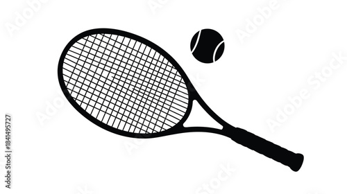 A black and white illustration of a tennis racket and ball