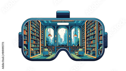 Virtual reality goggles with library scene inside