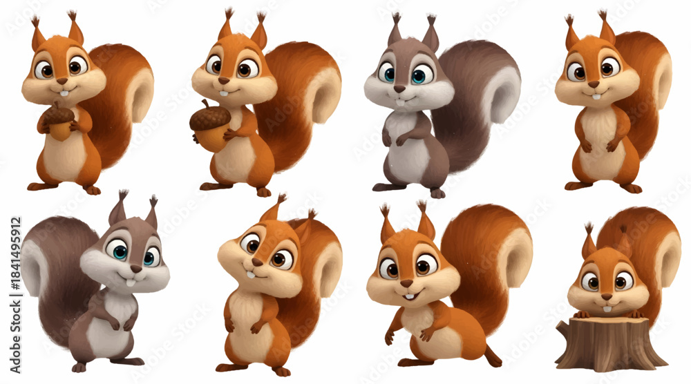 Obraz premium Cute Cartoon Squirrel Characters Set Holding Acorn 3D Render