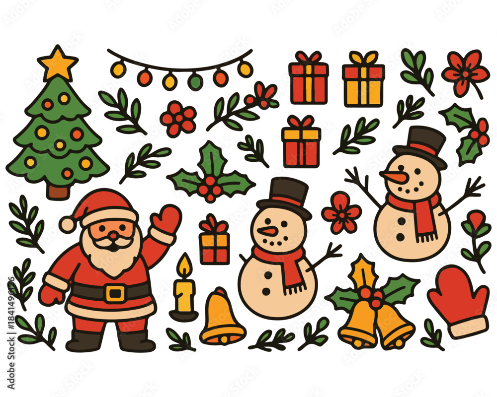Naklejka premium Cute cartoon vector collection featuring a festive Santa Claus set with a Christmas tree, snowman, reindeer, and winter holiday decorations for a New Year celebration gift design illustration