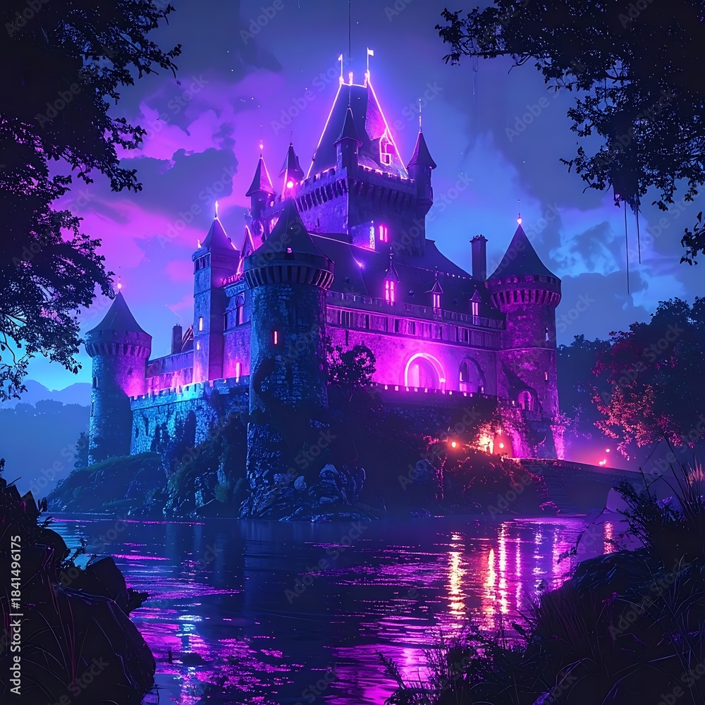 Fototapeta premium Grand castle illuminated in vibrant purples and pinks, reflected on serene water under a dreamy, clouded sky