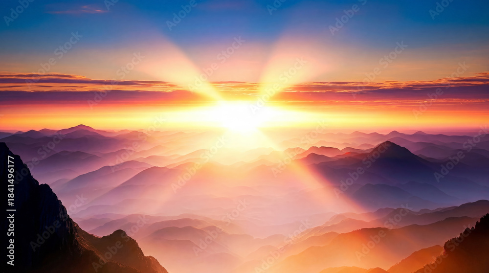 Fototapeta premium Golden sunbeams burst over rugged mountain ridges, highlighting autumn slopes while distant peaks fade into a serene blue mist