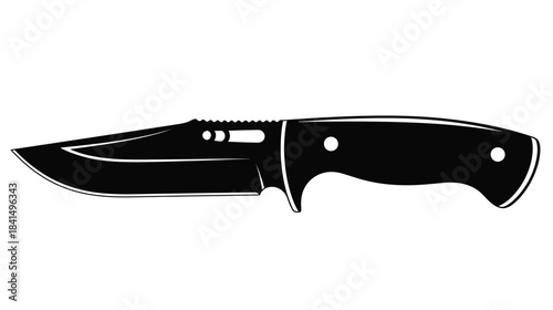 A black and white illustration of a hunting knife with a curved blade