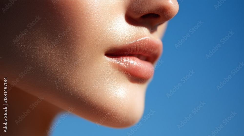 Obraz premium Macro portrait of cheek, jawline, and lips with glowing smooth skin against blue background, highlighting natural beauty and healthy complexion with soft lighting and serene mood