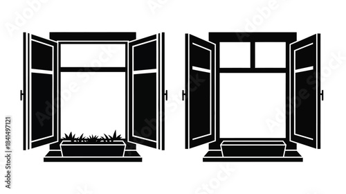 Two open windows with a view of plants and a white background
