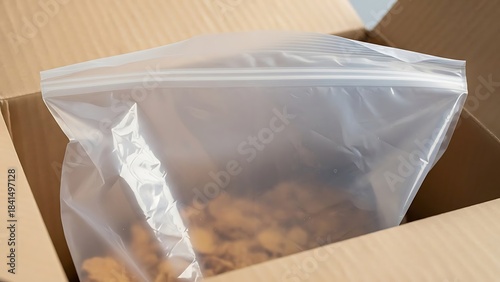 Clear Plastic Bag Filled with Food Items Inside a Cardboard Box.