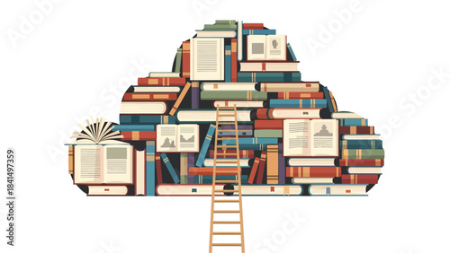A colorful cloud shape made of stacked books with a ladder