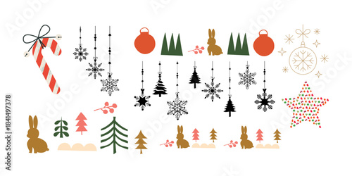 Christmas and winter holiday elements collection with snowflakes trees and bunnies