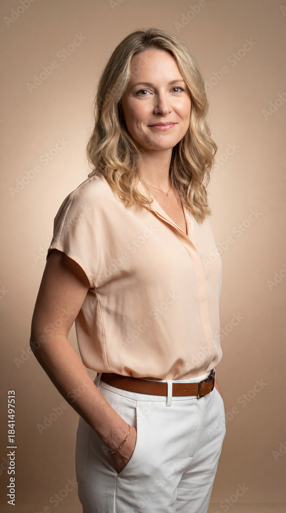 Obraz premium Smiling, approachable professional woman with wavy blonde hair, wearing a relaxed blush blouse and white trousers, posing on a beige background