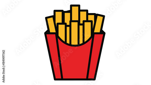 A colorful illustration of french fries served in a red cardboard container