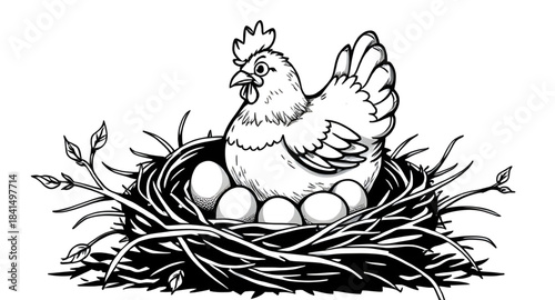 hen with eggs illustration, chicken with eggs drawing, hen and eggs isolated illustration, hen and eggs vector art, hen and eggs line illustration, hen and eggs flat design, hen and eggs hand drawn ve