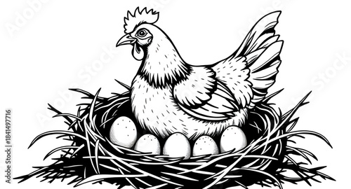 hen with eggs illustration, chicken with eggs drawing, hen and eggs isolated illustration, hen and eggs vector art, hen and eggs line illustration, hen and eggs flat design, hen and eggs hand drawn ve