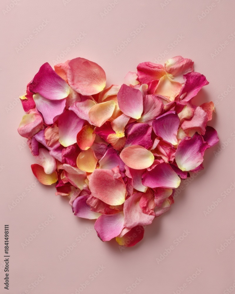 Obraz premium Multicolored rose petal heart on pastel pink background for loving celebration
