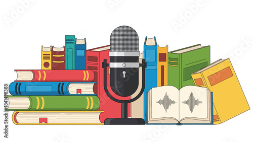 A colorful illustration of a microphone surrounded by books