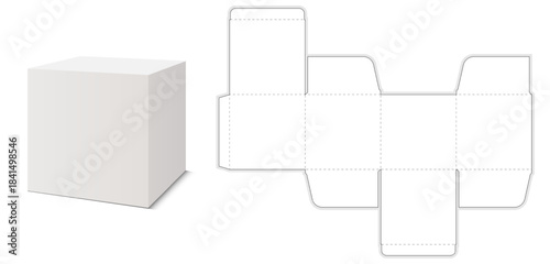 3D box with matching flat net layout. Clean geometric packaging design for product visualization and branding.