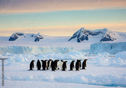Huddle of Emperor Penguins on blue ice and snow amidst icebergs and snowy mountains at dawn