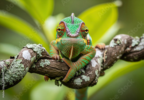 Front-facing close-up of a brightly colored chameleon on a lichen-covered vine
