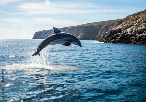 Dolphin leaping high out of the sparkling ocean water near a rocky coastline