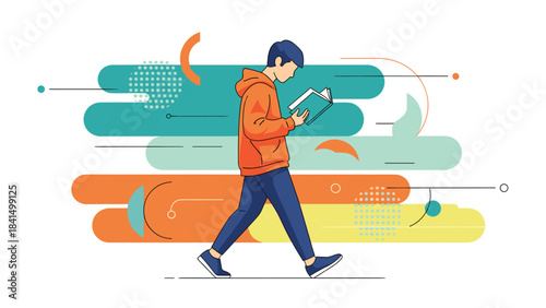 A man walking while looking at his phone with colorful abstract shapes behind him