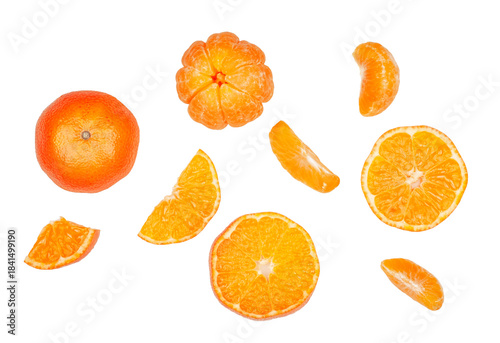 Tangerine and slices isolated on a white background, contour