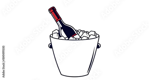 ice bucket with bottles vector illustration isolated, drinks bucket filled with ice cubes vector, beer bottles chilling in bucket graphic, champagne cooler bucket isolated vector art, cold beverage ic
