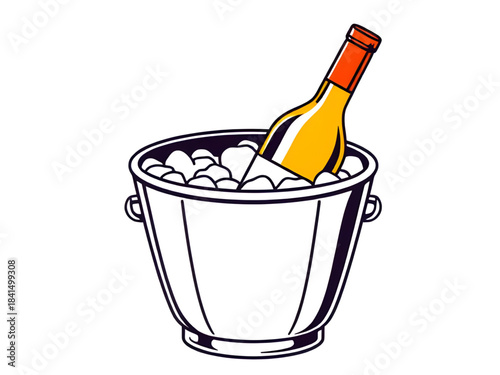 bottles in bucket with ice cubes vector art, ice bucket with drinks isolated illustration, beer bottles ice bucket vector graphic, champagne bottles cooling bucket design, cold beverage bucket vector 