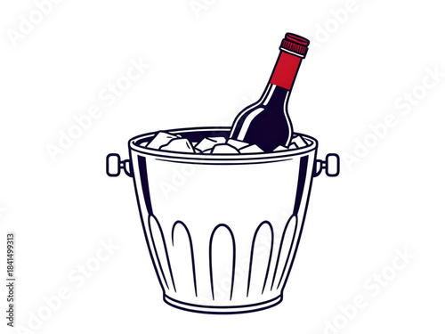 bottles in bucket with ice cubes vector art, ice bucket with drinks isolated illustration, beer bottles ice bucket vector graphic, champagne bottles cooling bucket design, cold beverage bucket vector 