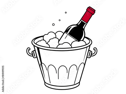 bottles in bucket with ice cubes vector art, ice bucket with drinks isolated illustration, beer bottles ice bucket vector graphic, champagne bottles cooling bucket design, cold beverage bucket vector 