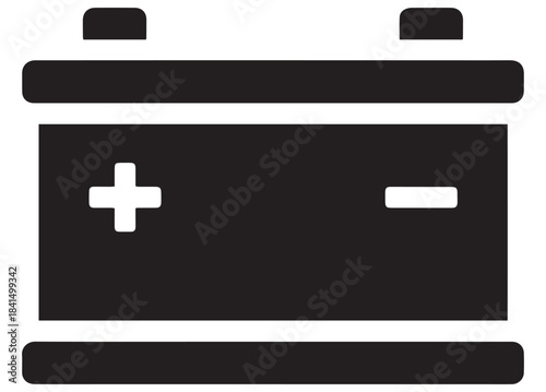 Black and white icon of a car battery with plus and minus symbols
