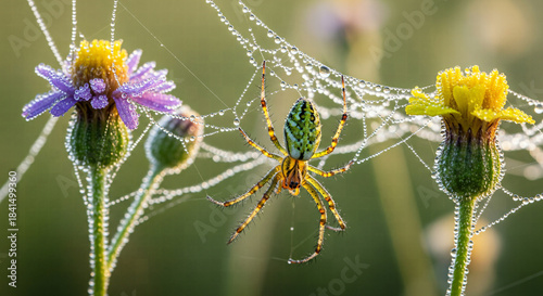 Spider on its dew-covered web between colorful wildflowers in a sunny meadow