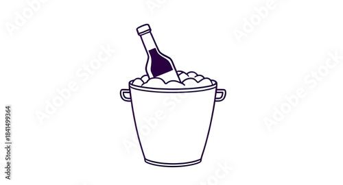 ice bucket with bottles vector isolated, bottles chilling in ice cubes vector, beer bottles in metal bucket illustration, champagne bucket with ice vector art, cold beverage bucket vector graphic, dri