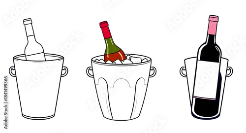 ice bucket with bottles vector isolated, bottles chilling in ice cubes vector, beer bottles in metal bucket illustration, champagne bucket with ice vector art, cold beverage bucket vector graphic, dri