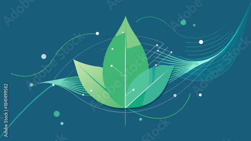 Green leaf with digital elements and flowing lines symbolizing eco technology, innovation and sustainability