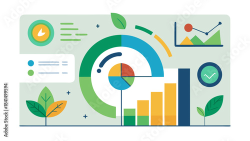 Eco-friendly data analytics dashboard with graphs, charts, leaves and sustainability growth indicators