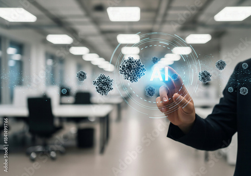 Man's hand touching a glowing holographic AI interface with abstract molecular structures in an office