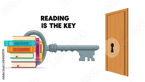 Colorful illustration of a large key and books opening a wooden door