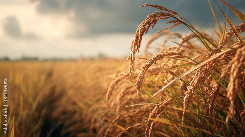 Fototapeta premium Golden Rice Field Under a Dramatic Sky with Warm Light and Cloudy Atmosphere Capturing the Essence of Farming and Nature in the Harvest Season