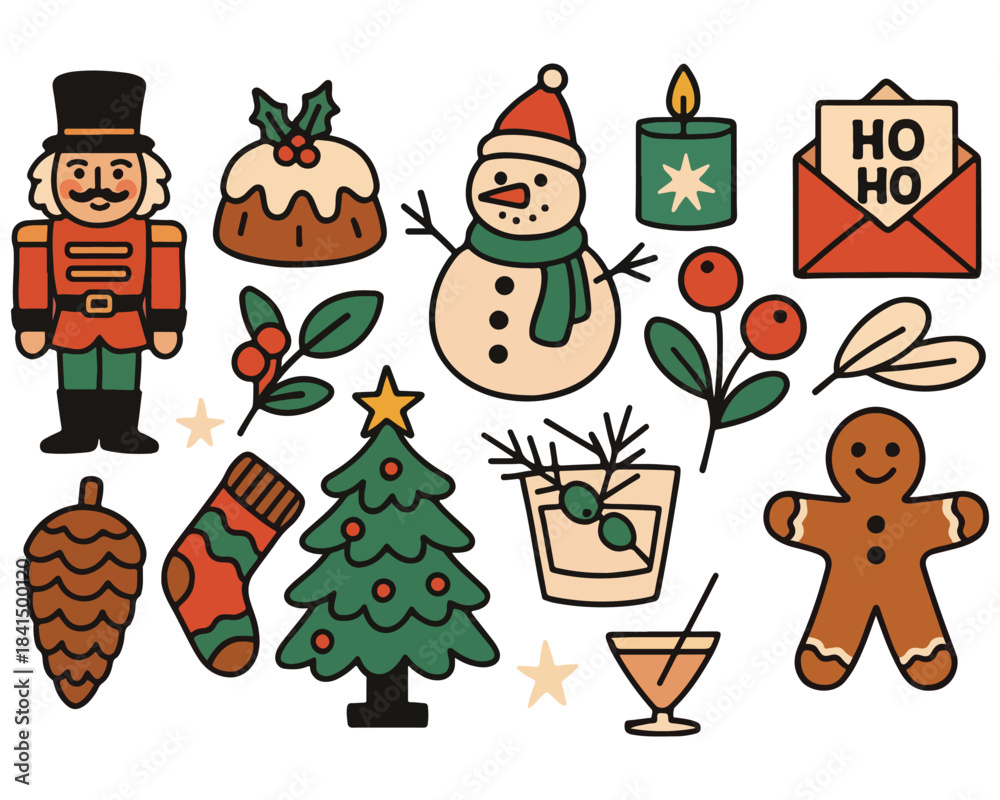 Obraz premium Christmas icons set: cartoon vector illustration of holiday decorations, Santa, snowman, and gift symbols for winter celebration