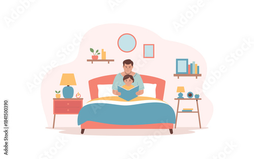 Illustration of a man reading a book to a child in a cozy bedroom with a pink headboard and blue bedding