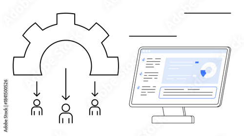 Business operations, digital tools, workflow optimization, data analysis, organizational management, teamwork. Gear with arrows to people, screen with analytics. Workflow and digital tools concept