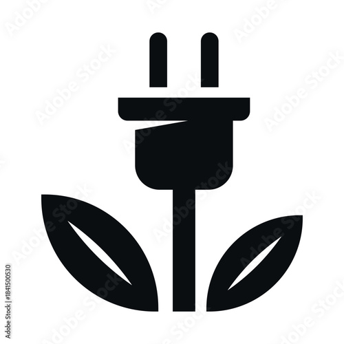 Green energy icon showing a power plug connected to a flower design with leaves, representing sustainability and eco-friendly practices
