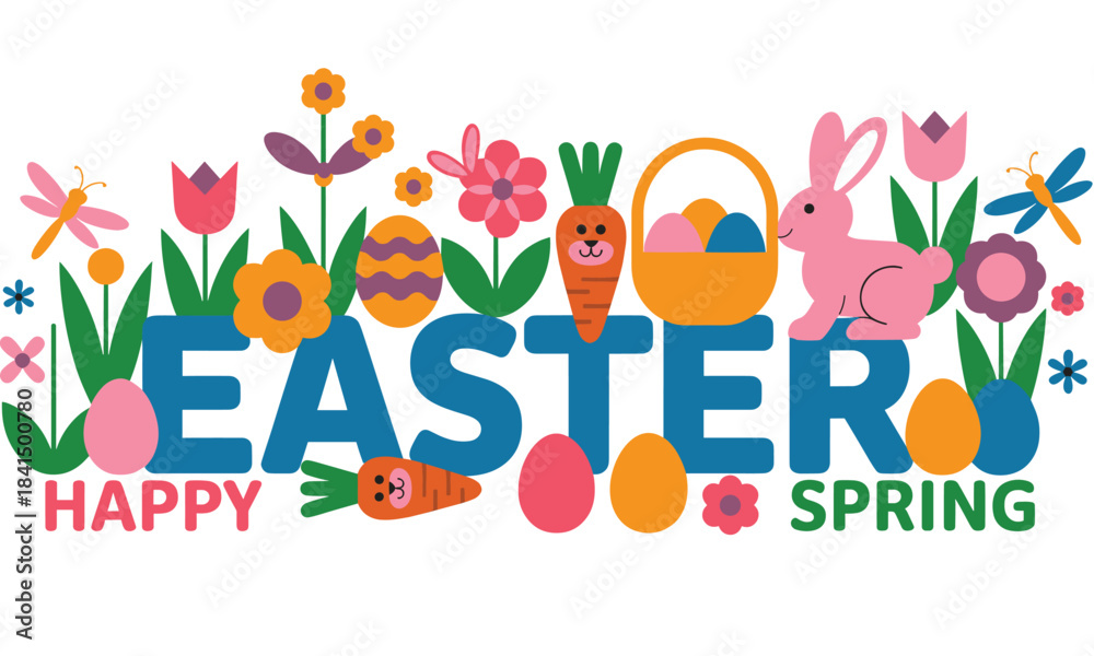 Fototapeta premium Festive Easter and Spring Design with Bunny, Flowers, and Colorful Eggs