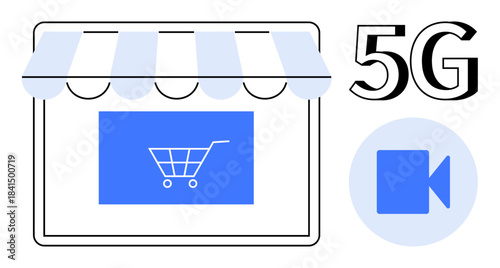 E-commerce, online shopping, 5G technology, video streaming, digital connectivity, mobile retail. Storefront with shopping cart icon and video symbol. Online shopping and 5G technology concept