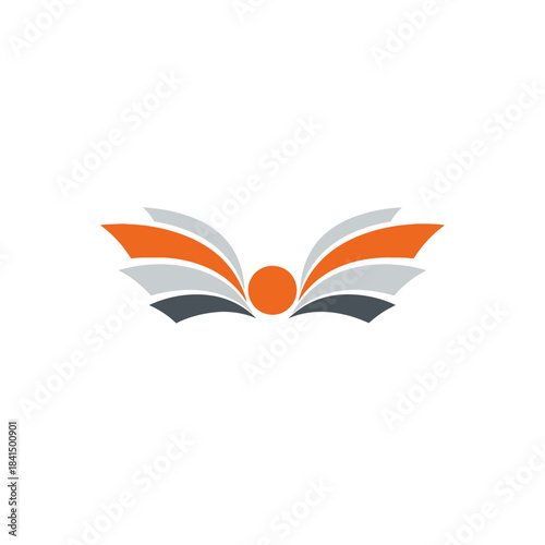 Abstract logo depicting an open book with stylized pages in orange and grey, resembling wings.