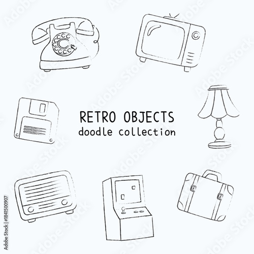 Doodle retro vintage objects cartoon isolated vector. Hand drawn of flash disk, ding dong, tv, phone for asset, design, coloring, book